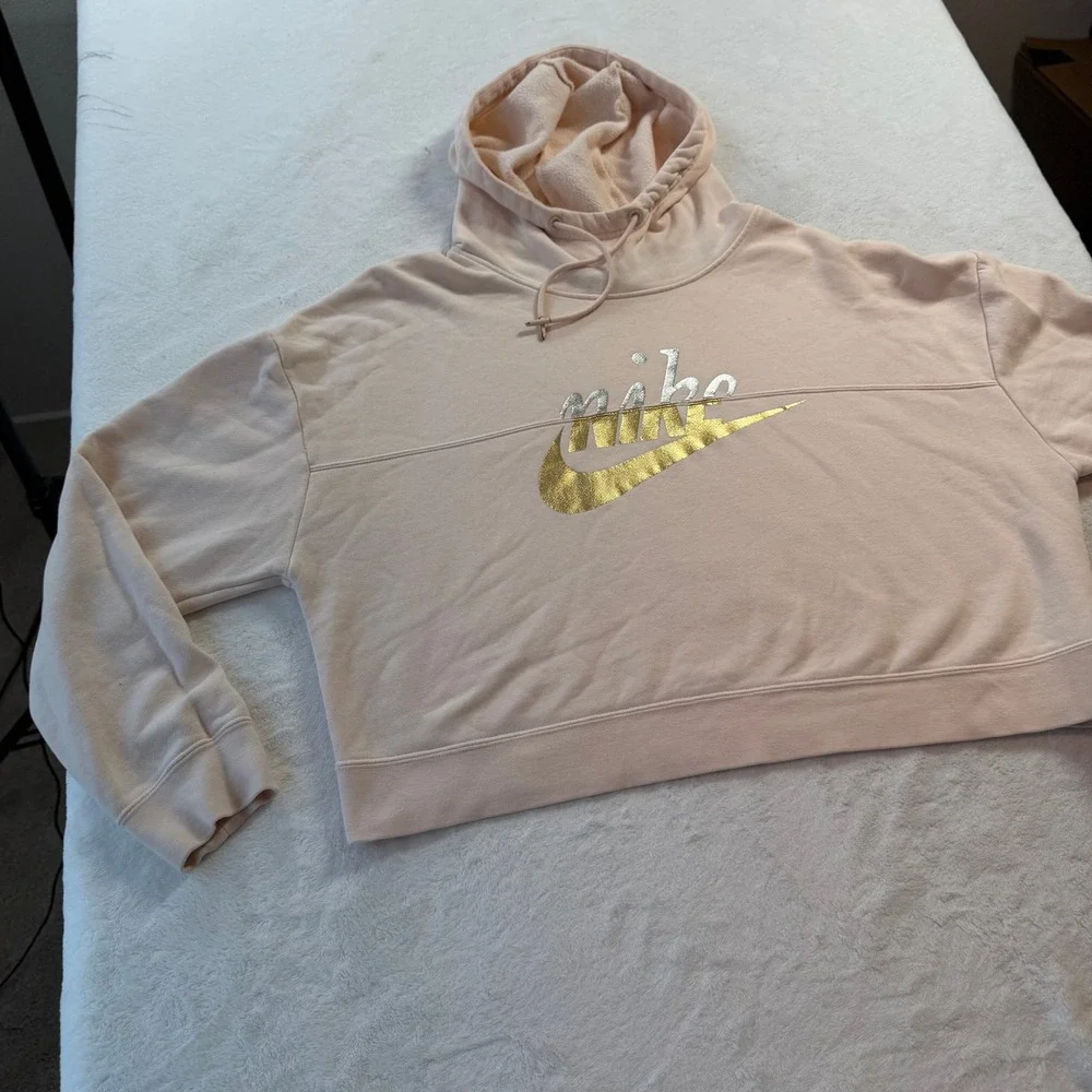 Nike Hoodie Womens L Pink Good Metallic Gold Silver Foil Logo Cropped Pullover - Picture 9 of 11